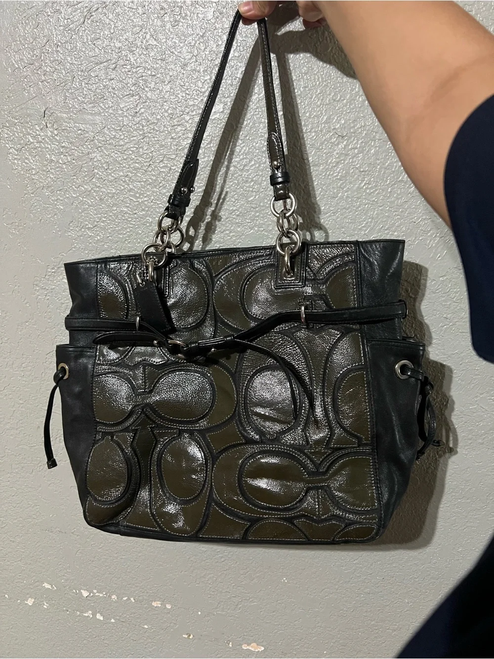 Coach Black and Olive Green Logo Patchwork Tote